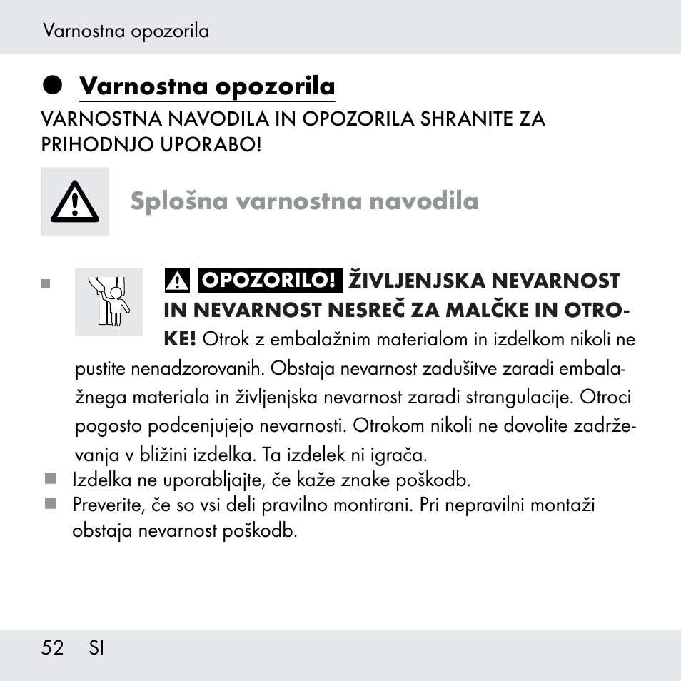 Varnostna opozorila, Splošna varnostna navodila | Powerfix Z31361 User Manual | Page 52 / 108