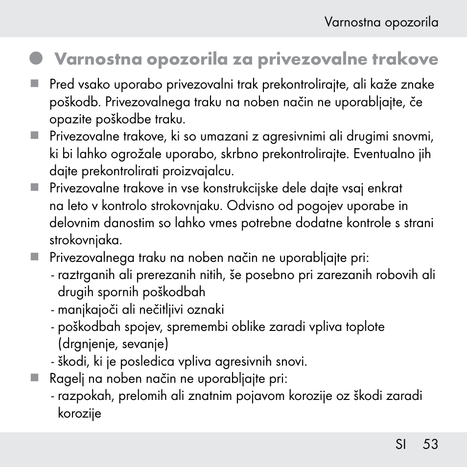 Varnostna opozorila za privezovalne trakove | Powerfix Z31361 User Manual | Page 53 / 108