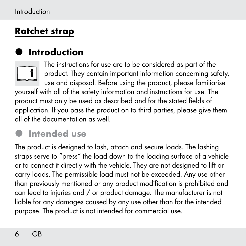Ratchet strap  introduction, Intended use | Powerfix Z31361 User Manual | Page 6 / 108