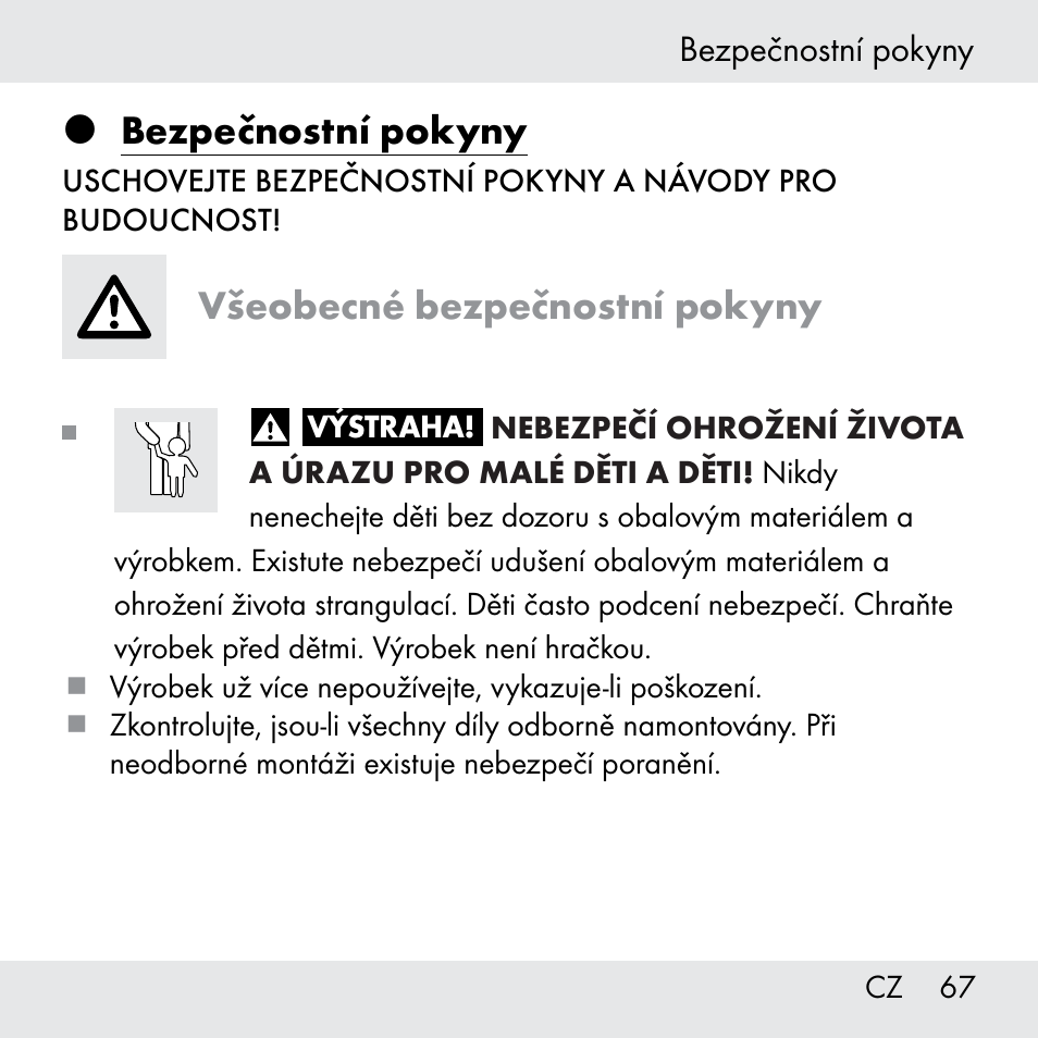 Bezpečnostní pokyny, Všeobecné bezpečnostní pokyny | Powerfix Z31361 User Manual | Page 67 / 108