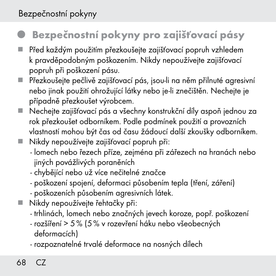 Bezpečnostní pokyny pro zajišťovací pásy | Powerfix Z31361 User Manual | Page 68 / 108
