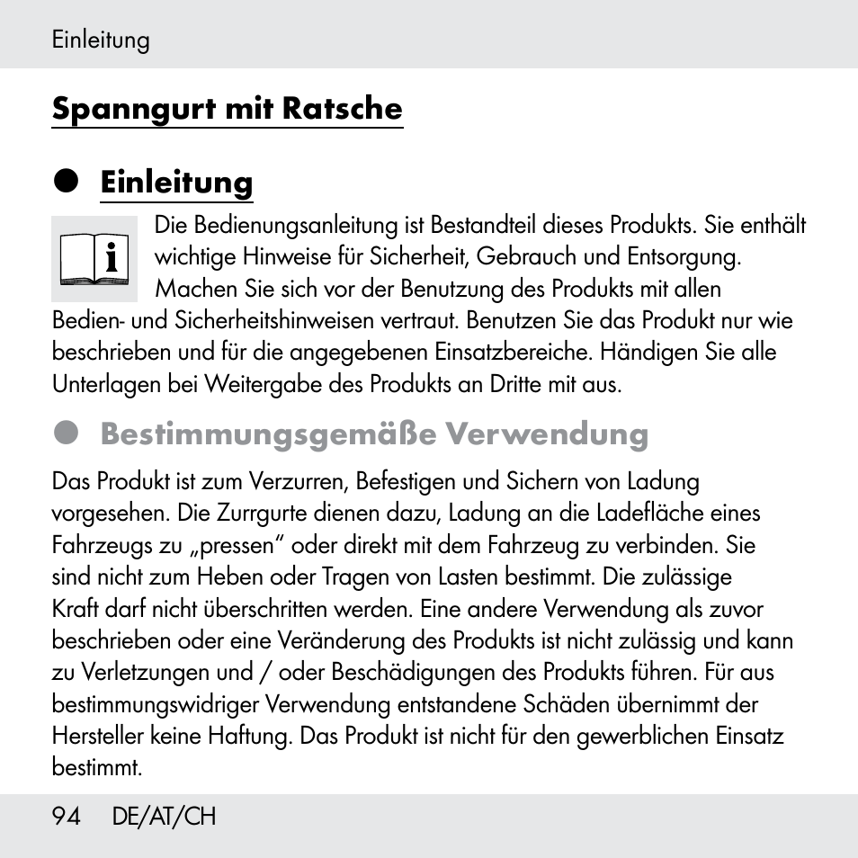 Spanngurt mit ratsche  einleitung, Bestimmungsgemäße verwendung | Powerfix Z31361 User Manual | Page 94 / 108