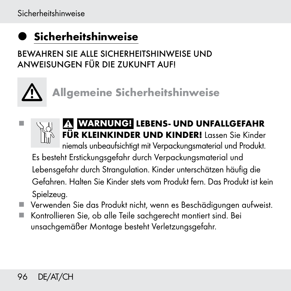 Sicherheitshinweise, Allgemeine sicherheitshinweise | Powerfix Z31361 User Manual | Page 96 / 108