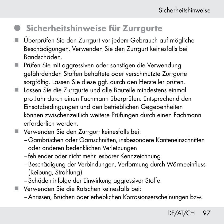 Sicherheitshinweise für zurrgurte | Powerfix Z31361 User Manual | Page 97 / 108