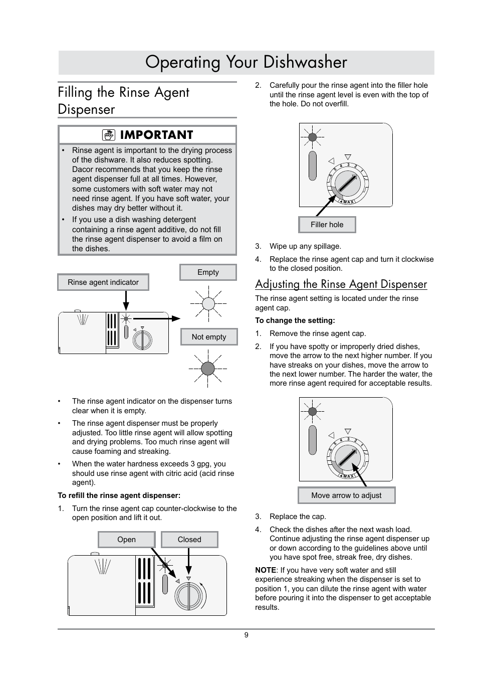 Operating your dishwasher, Filling the rinse agent dispenser, Adjusting the rinse agent dispenser | Important | Dacor IDWH24 User Manual | Page 11 / 24