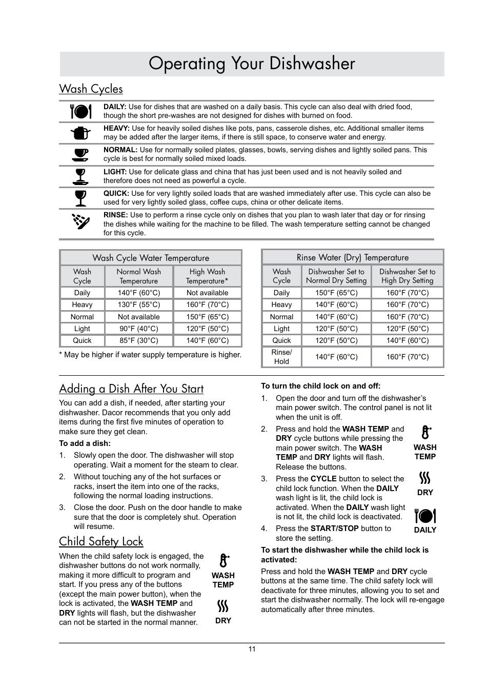 Operating your dishwasher, Wash cycles, Adding a dish after you start | Child safety lock | Dacor IDWH24 User Manual | Page 13 / 24