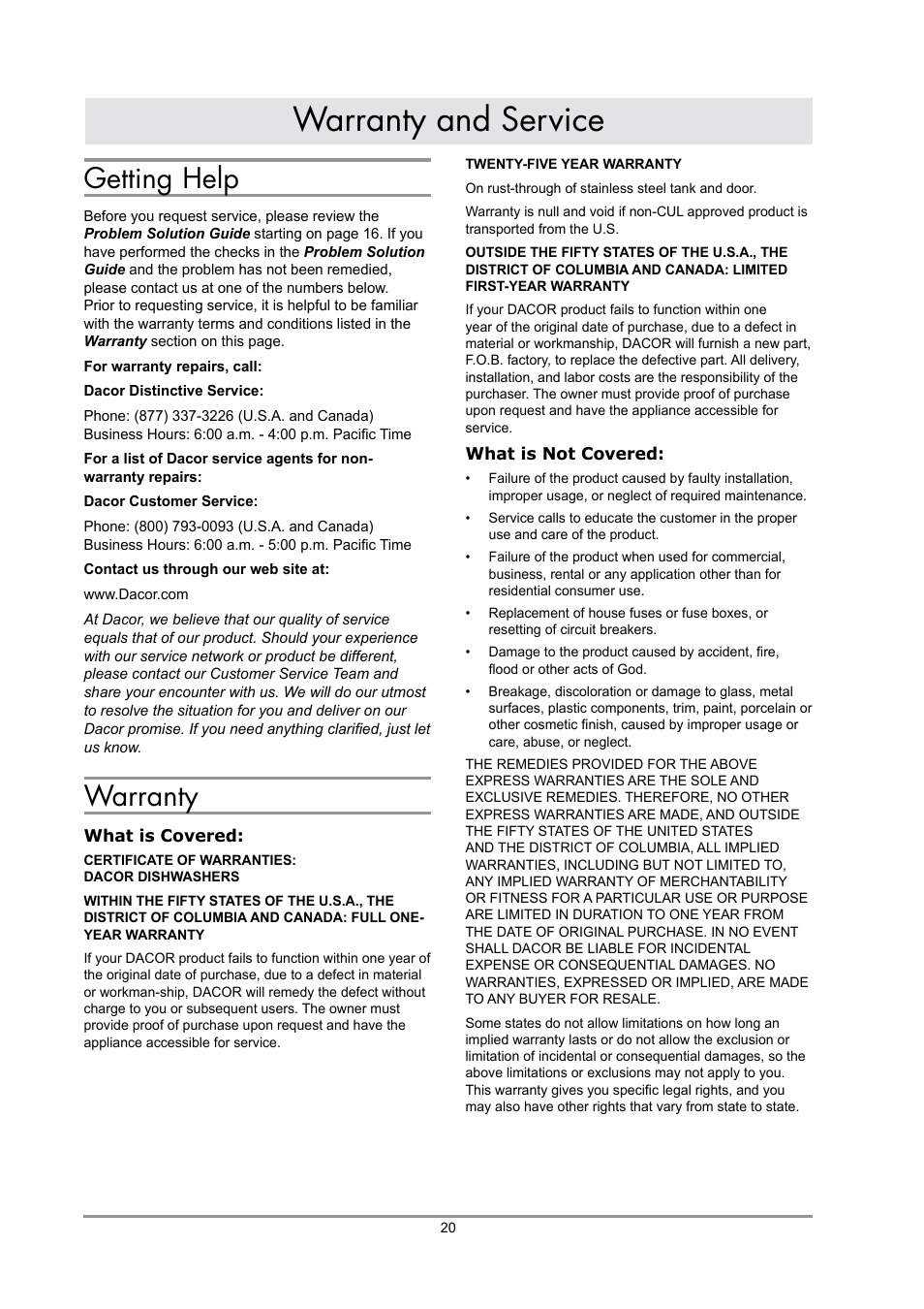 Warranty and service, Getting help, Warranty | Dacor IDWH24 User Manual | Page 22 / 24