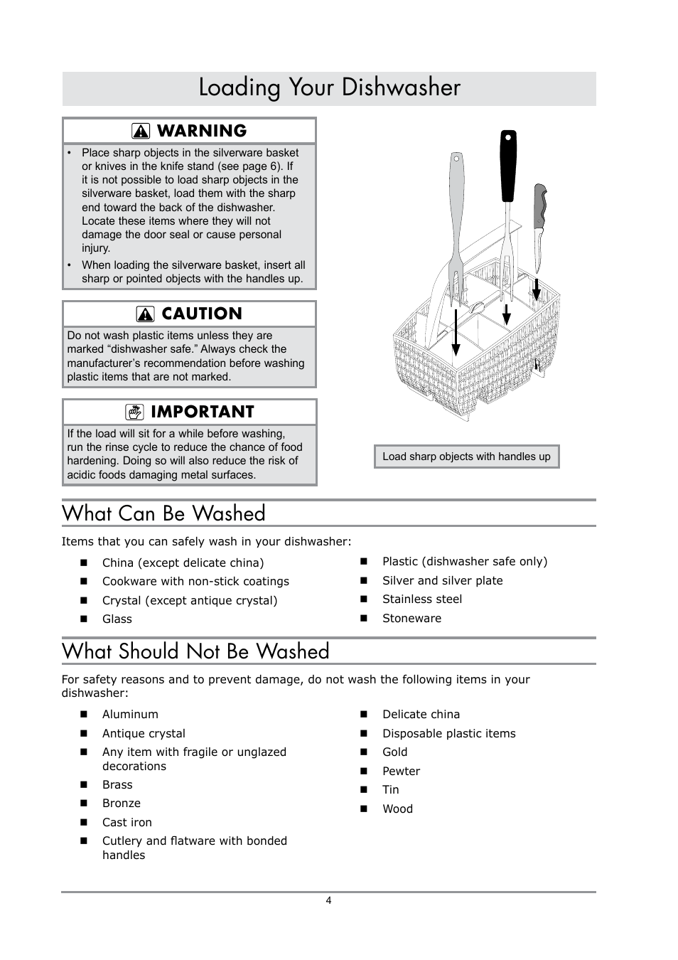 Loading your dishwasher, What can be washed, What should not be washed | Warning, Caution, Important | Dacor IDWH24 User Manual | Page 6 / 24