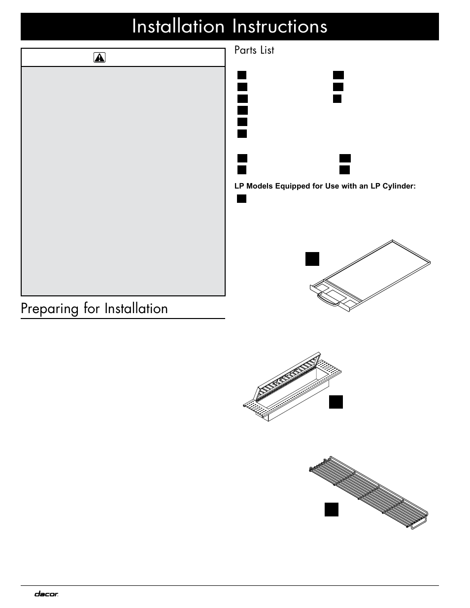 Installation instructions, Preparing for installation, Parts list | Dacor OB36 User Manual | Page 12 / 20