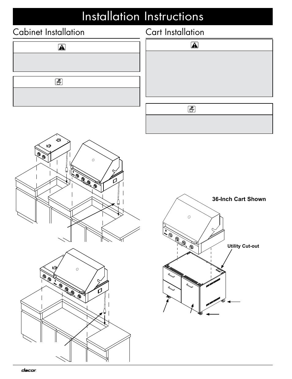 Installation instructions, Cabinet installation, Cart installation | Dacor OB36 User Manual | Page 14 / 20