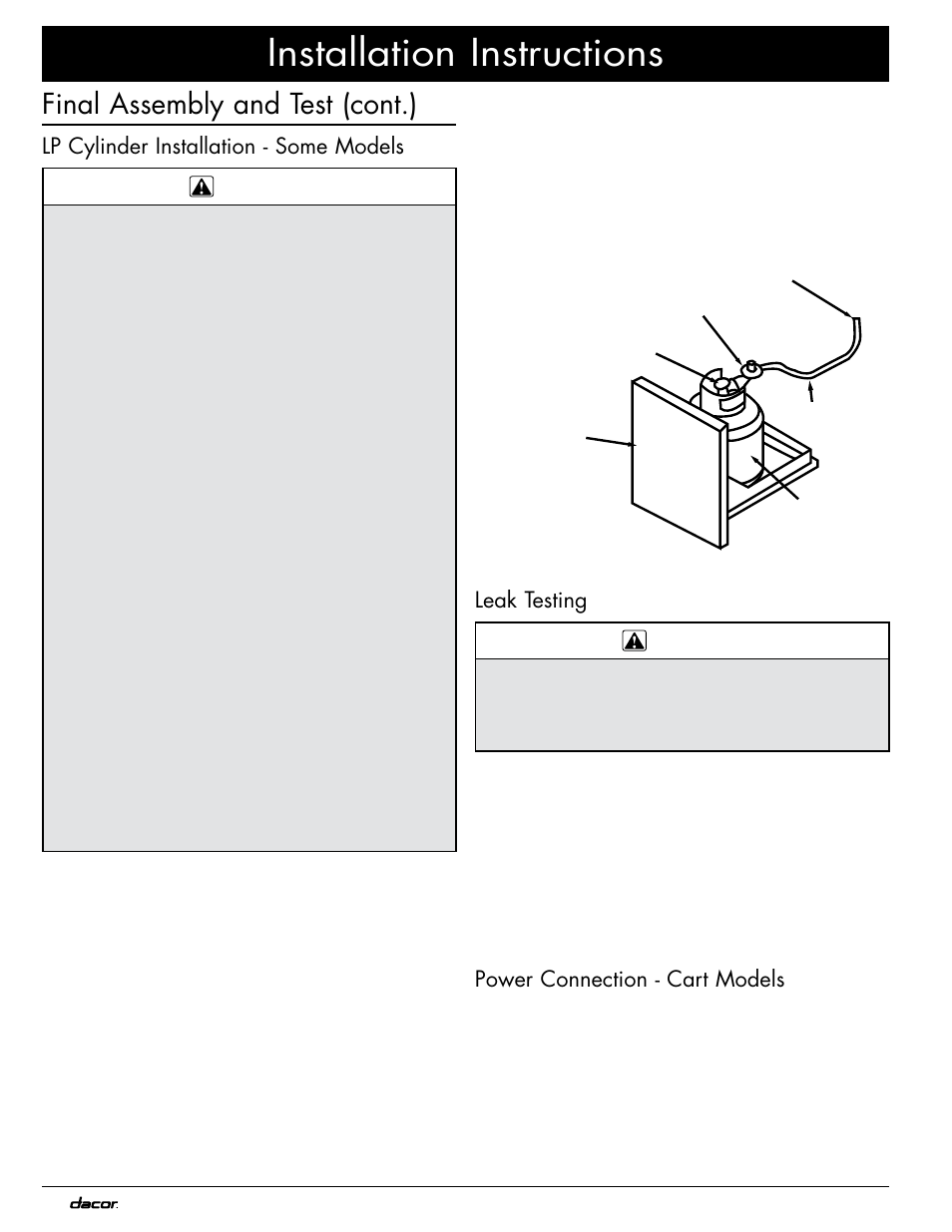 Installation instructions, Final assembly and test (cont.), Lp cylinder installation - some models | Leak testing, Power connection - cart models | Dacor OB36 User Manual | Page 18 / 20