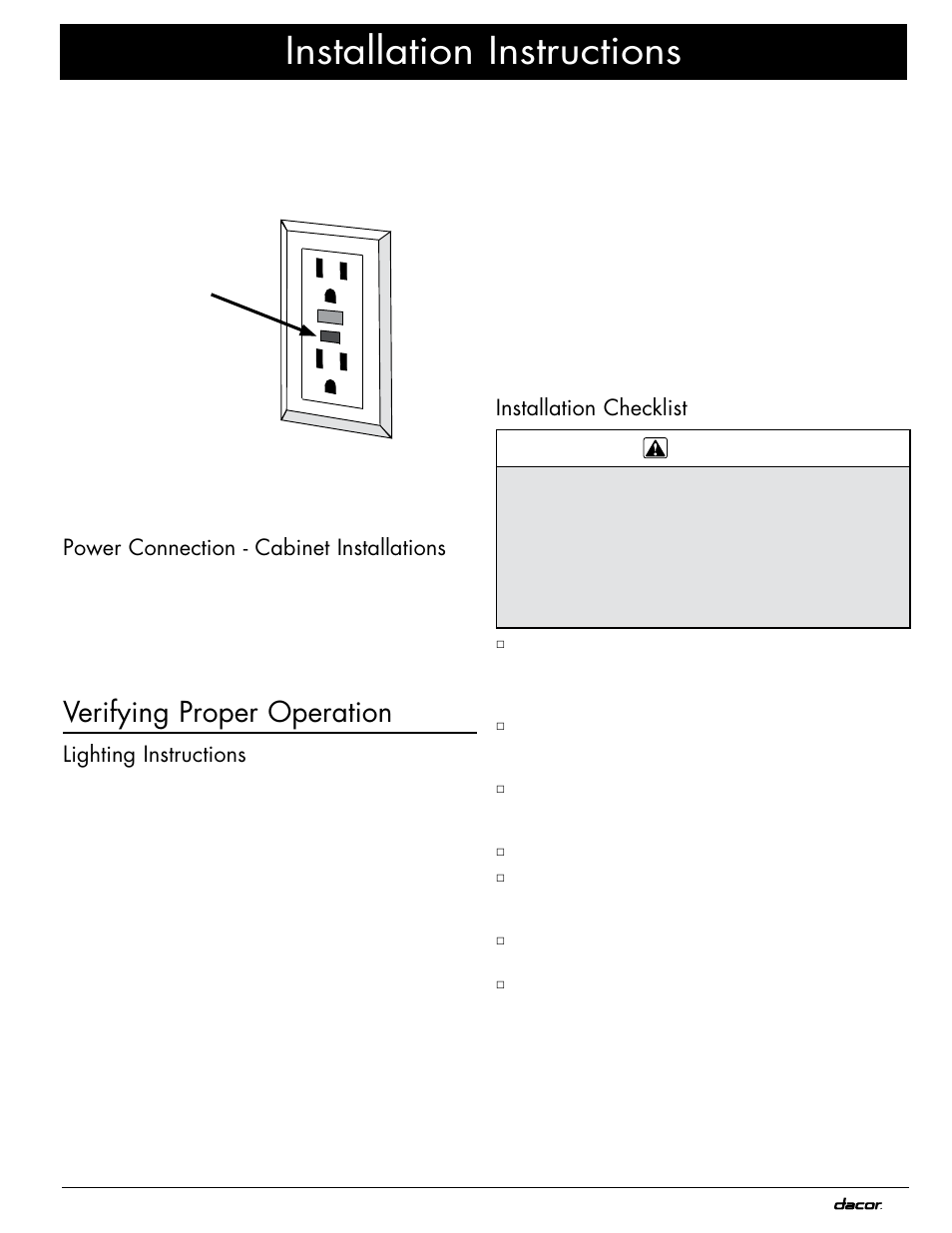 Installation instructions, Verifying proper operation, Power connection - cabinet installations | Lighting instructions, Installation checklist | Dacor OB36 User Manual | Page 19 / 20