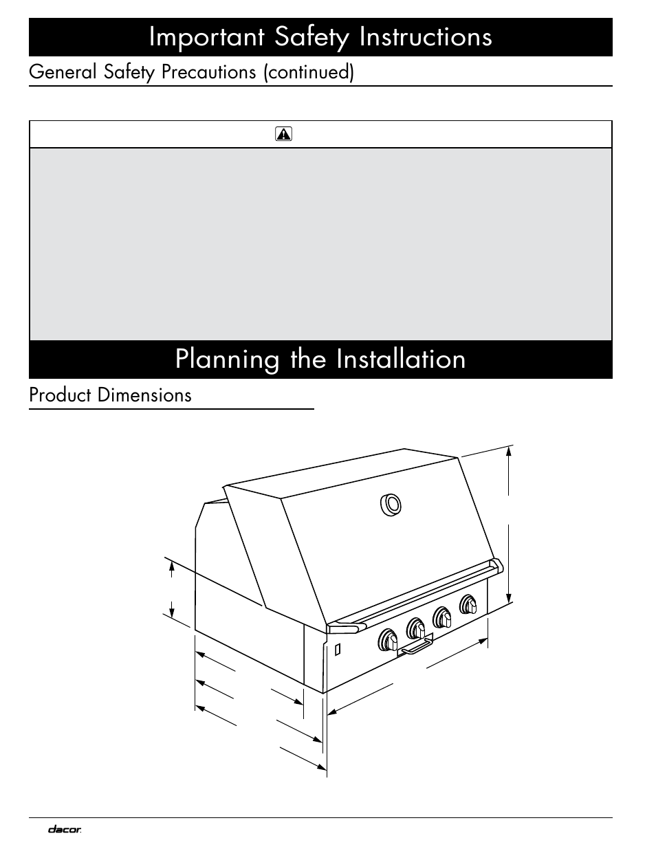 Important safety instructions, Planning the installation, General safety precautions (continued) | Product dimensions | Dacor OB36 User Manual | Page 6 / 20