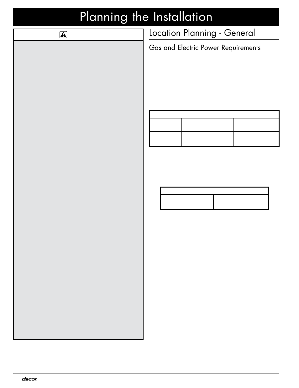 Planning the installation, Location planning - general, Gas and electric power requirements | Dacor OB36 User Manual | Page 8 / 20