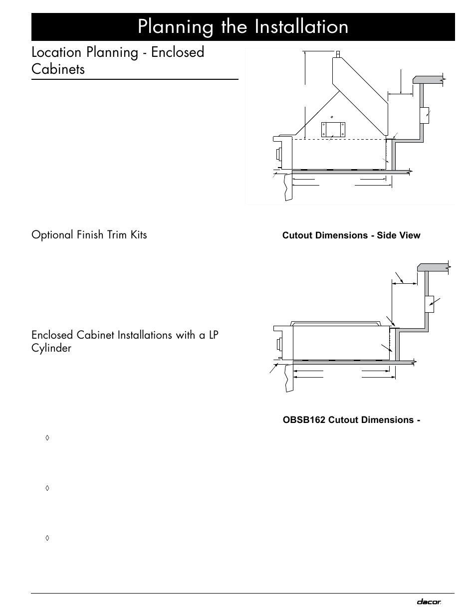 Planning the installation, Location planning - enclosed cabinets, Optional finish trim kits | Enclosed cabinet installations with a lp cylinder | Dacor OB36 User Manual | Page 9 / 20