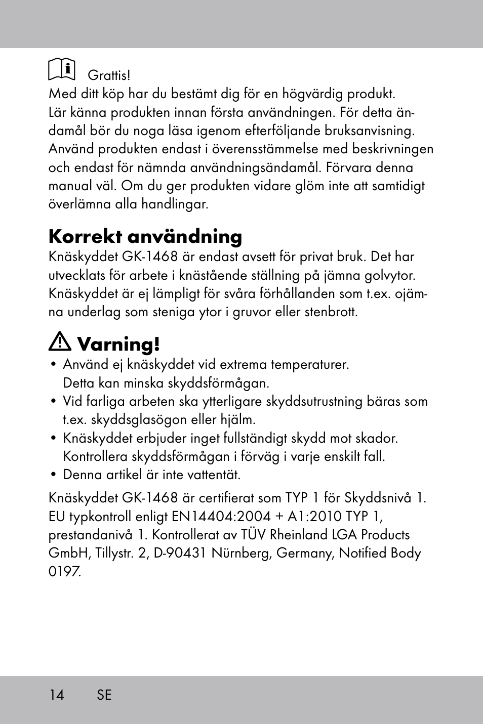 Korrekt användning, Varning | Powerfix Gel Knee Pads User Manual | Page 12 / 36
