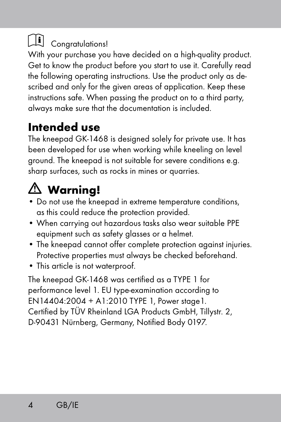 Intended use, Warning | Powerfix Gel Knee Pads User Manual | Page 2 / 36