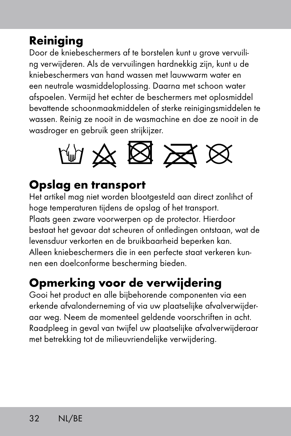 Reiniging, Opslag en transport, Opmerking voor de verwijdering | Powerfix Gel Knee Pads User Manual | Page 30 / 36