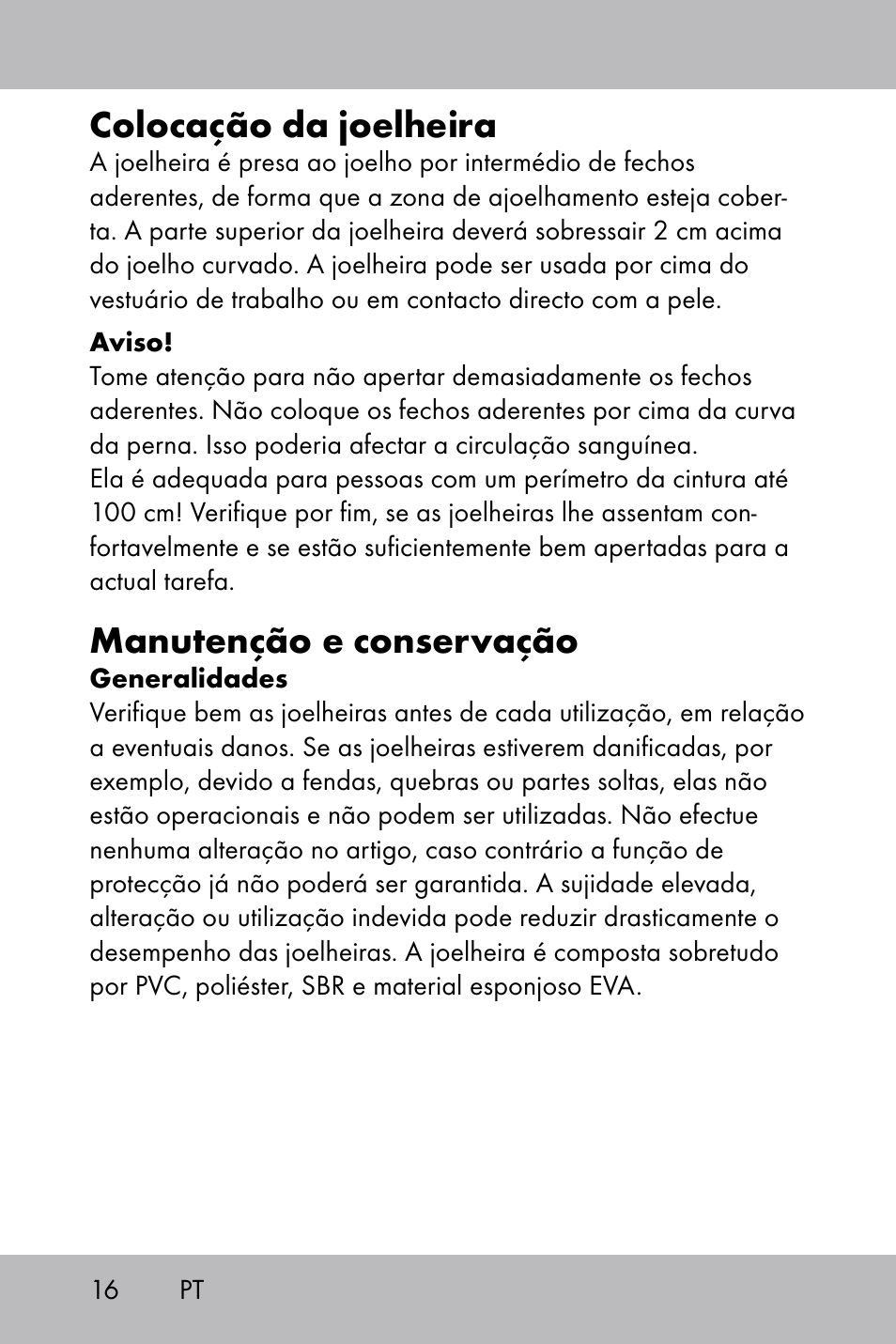 Colocação da joelheira, Manutenção e conservação | Powerfix Gel Knee Pads User Manual | Page 14 / 28