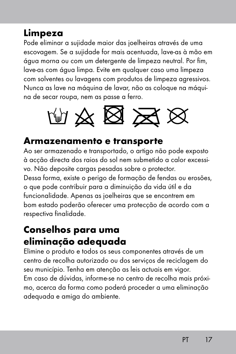 Limpeza, Armazenamento e transporte, Conselhos para uma eliminação adequada | Powerfix Gel Knee Pads User Manual | Page 15 / 28