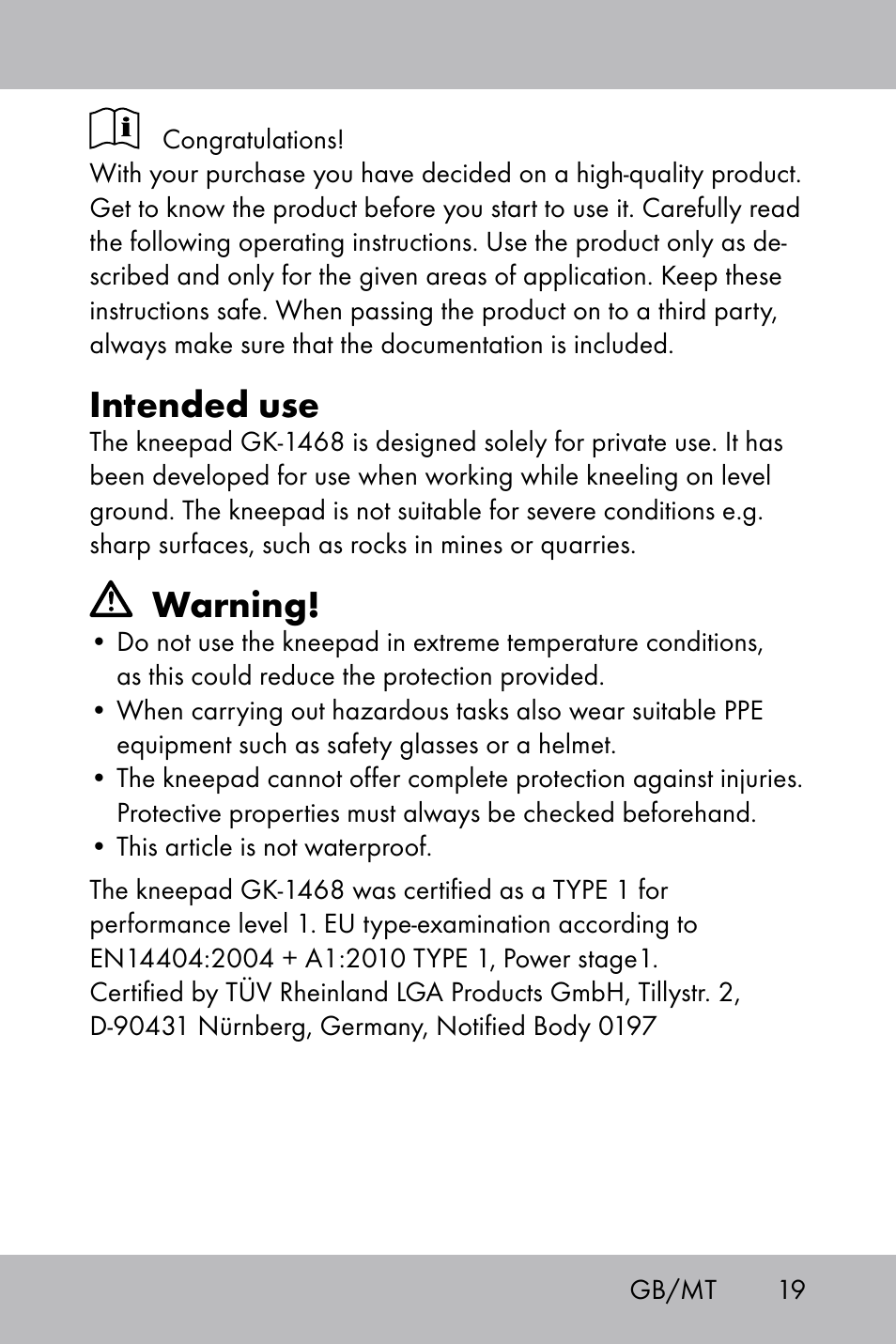 Intended use, Warning | Powerfix Gel Knee Pads User Manual | Page 17 / 28