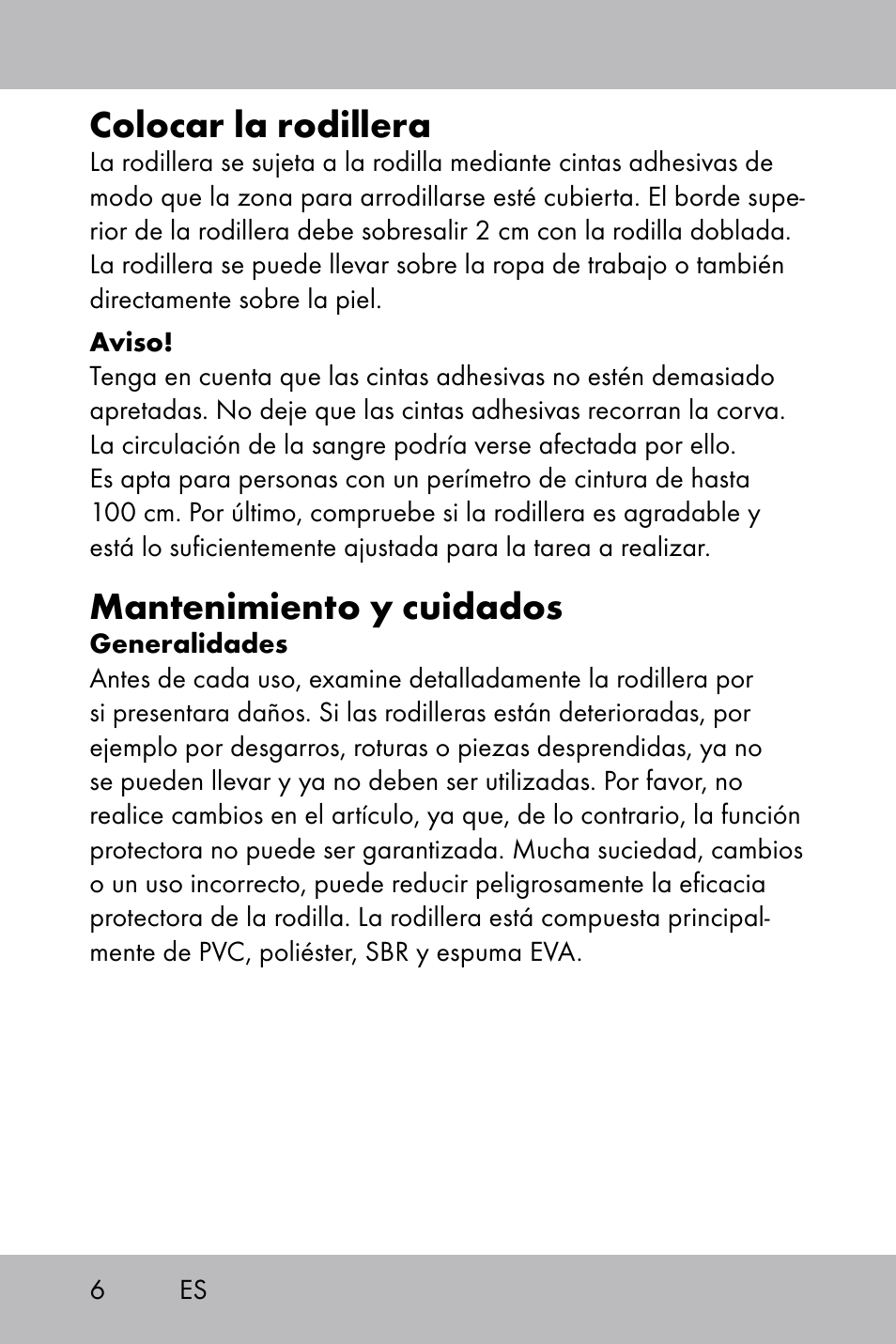 Colocar la rodillera, Mantenimiento y cuidados | Powerfix Gel Knee Pads User Manual | Page 4 / 28
