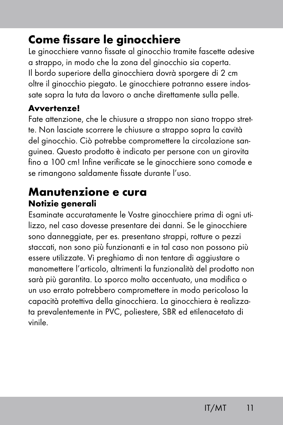 Come fissare le ginocchiere, Manutenzione e cura | Powerfix Gel Knee Pads User Manual | Page 9 / 28