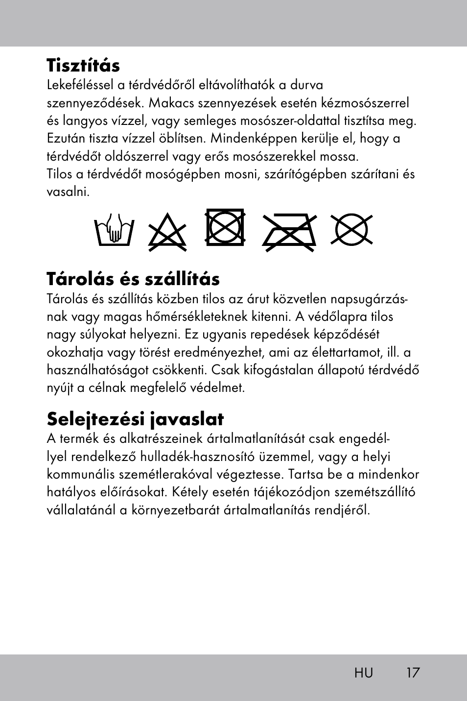 Tisztítás, Tárolás és szállítás, Selejtezési javaslat | Powerfix Gel Knee Pads User Manual | Page 15 / 36