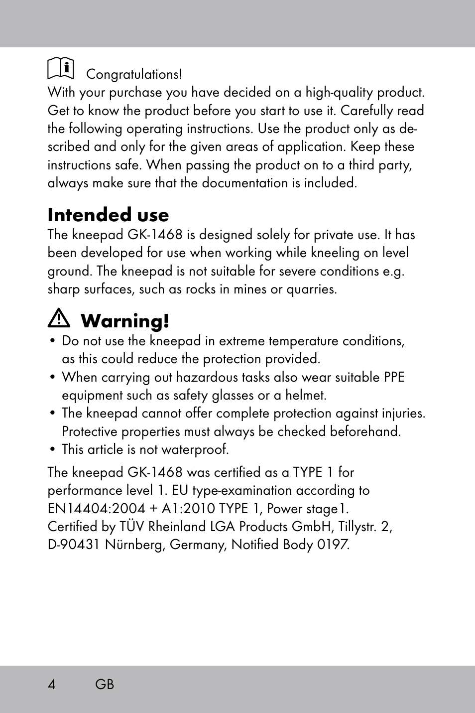 Intended use, Warning | Powerfix Gel Knee Pads User Manual | Page 2 / 36