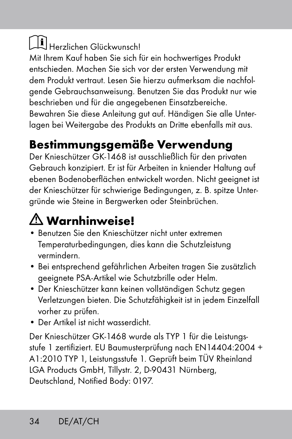 Bestimmungsgemäße verwendung, Warnhinweise | Powerfix Gel Knee Pads User Manual | Page 32 / 36