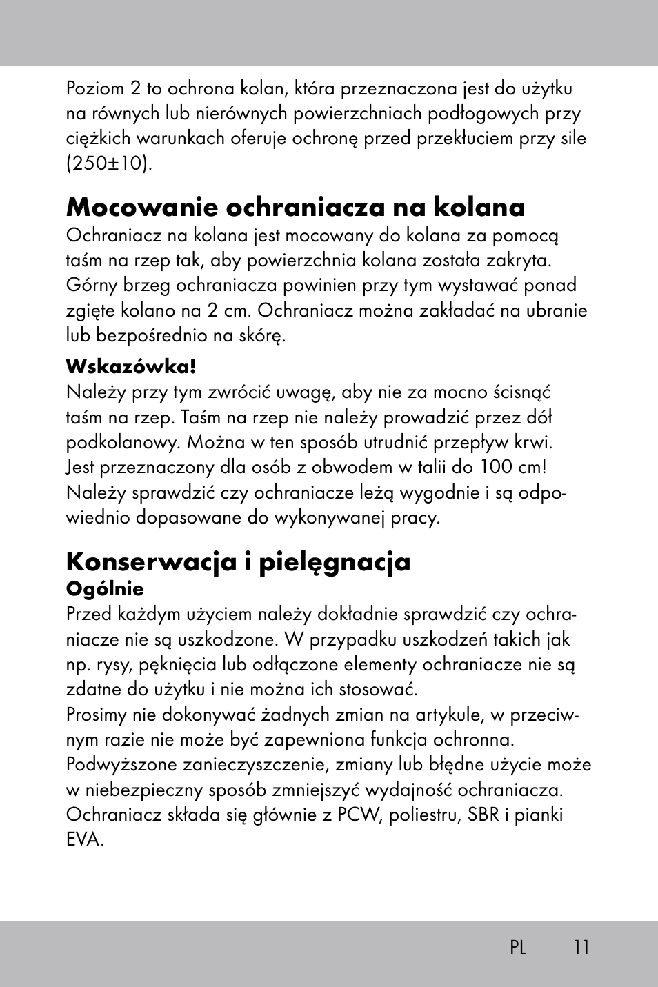 Mocowanie ochraniacza na kolana, Konserwacja i pielęgnacja | Powerfix Gel Knee Pads User Manual | Page 9 / 36