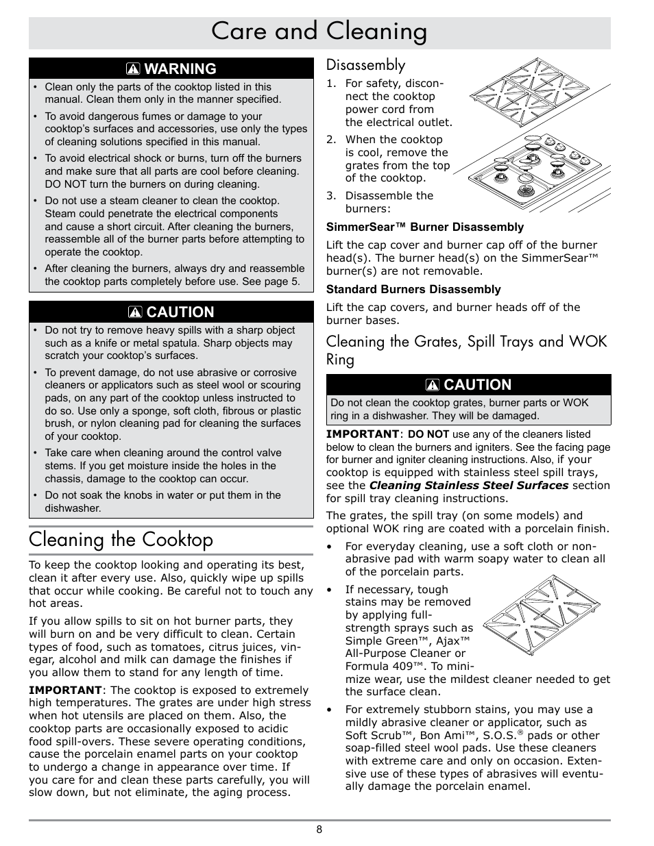 Care and cleaning, Cleaning the cooktop, Warning | Caution, Disassembly | Dacor PREFERENCE RGC304 User Manual | Page 10 / 16