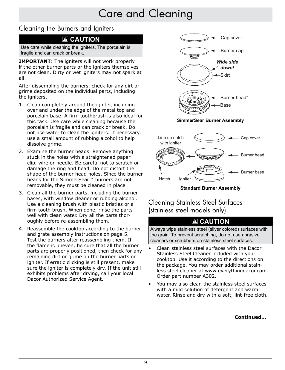 Care and cleaning, Cleaning the burners and igniters caution | Dacor PREFERENCE RGC304 User Manual | Page 11 / 16