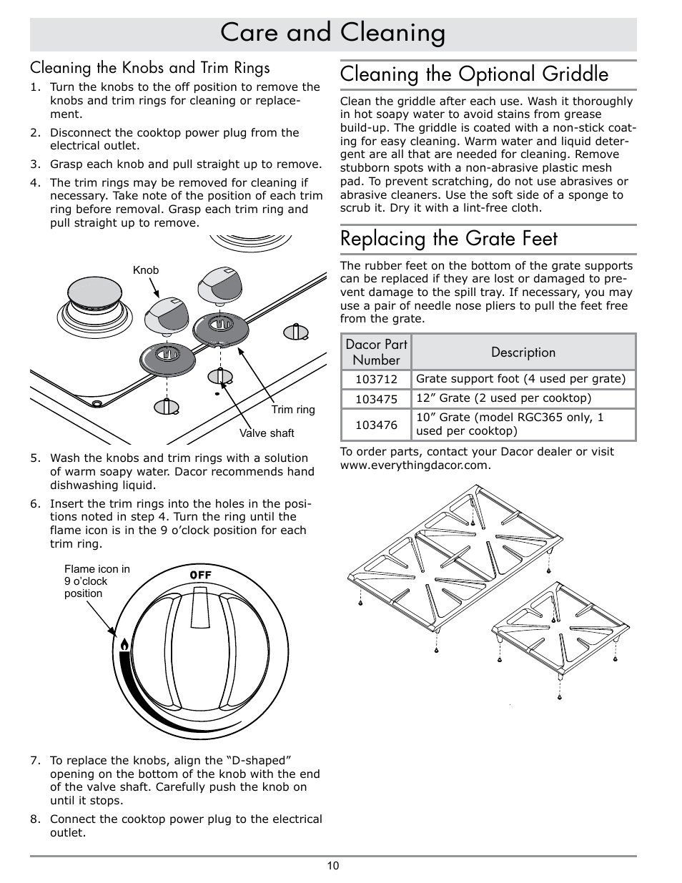 Care and cleaning, Cleaning the optional griddle, Replacing the grate feet | Cleaning the knobs and trim rings | Dacor PREFERENCE RGC304 User Manual | Page 12 / 16