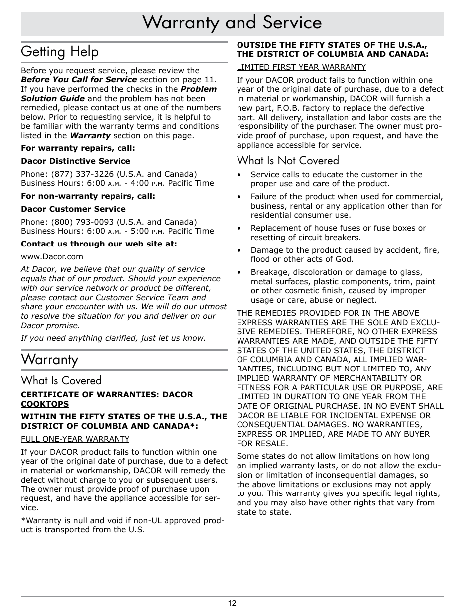 Warranty and service, Getting help, Warranty | What is covered, What is not covered | Dacor PREFERENCE RGC304 User Manual | Page 14 / 16