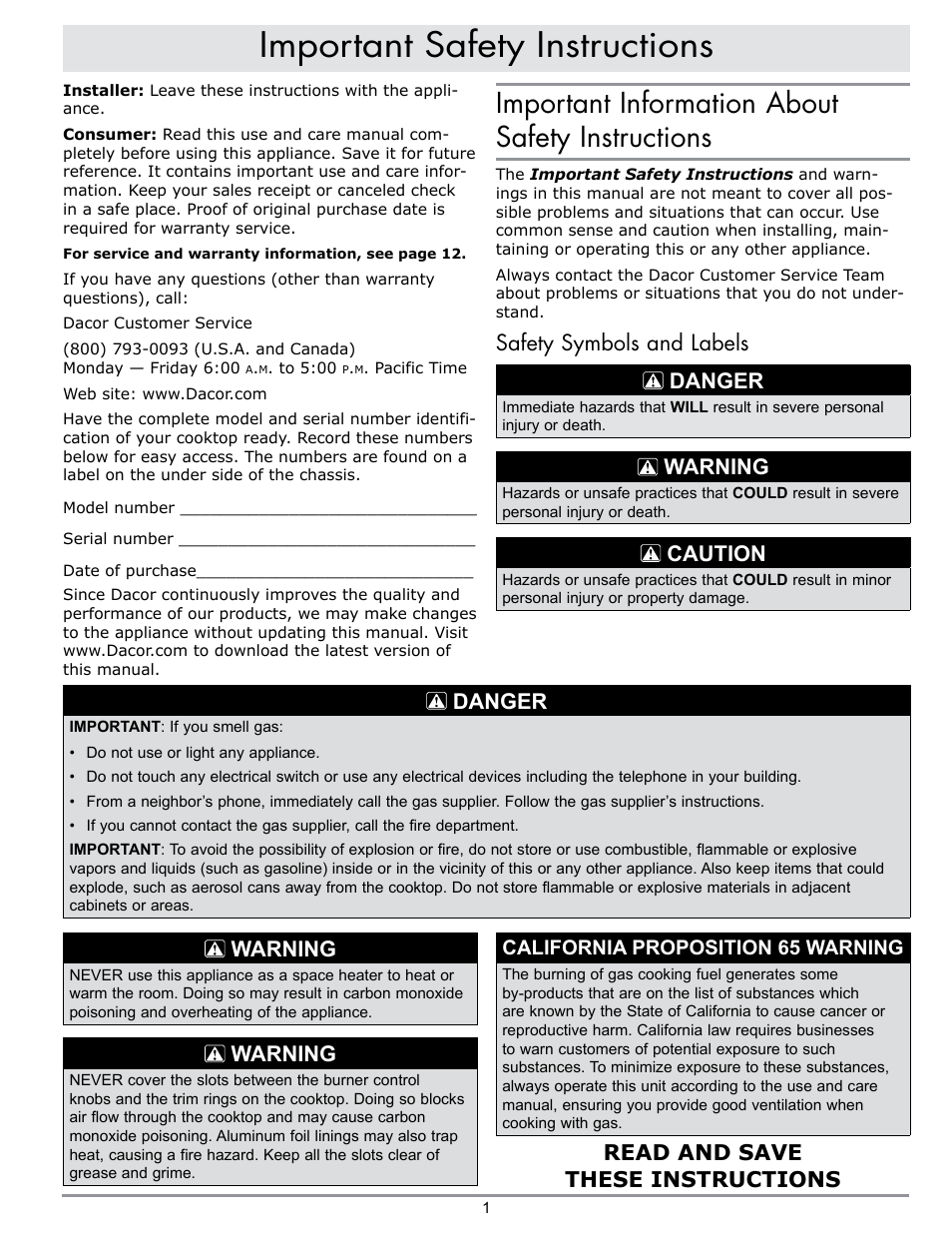 Important safety instructions, Important information about safety instructions, Safety symbols and labels danger | Warning, Caution, Danger, Read and save these instructions, California proposition 65 warning | Dacor PREFERENCE RGC304 User Manual | Page 3 / 16