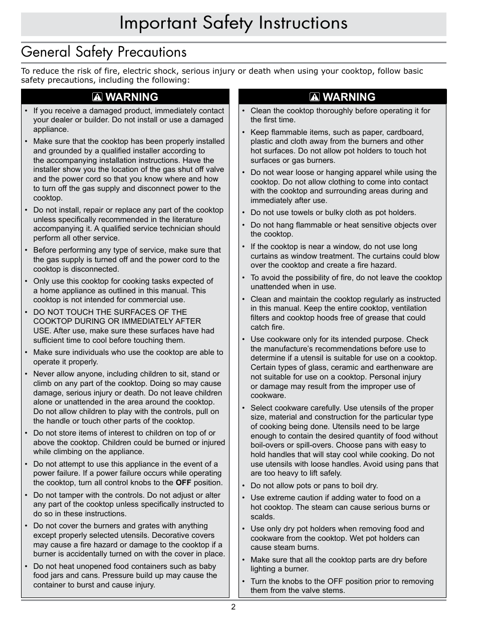 Important safety instructions, General safety precautions, Warning | Dacor PREFERENCE RGC304 User Manual | Page 4 / 16