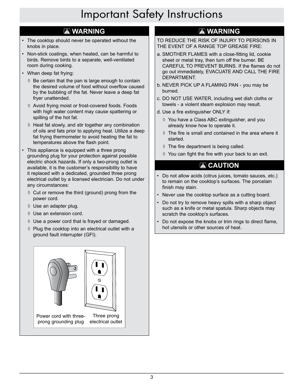 Important safety instructions, Warning, Warning caution | Dacor PREFERENCE RGC304 User Manual | Page 5 / 16