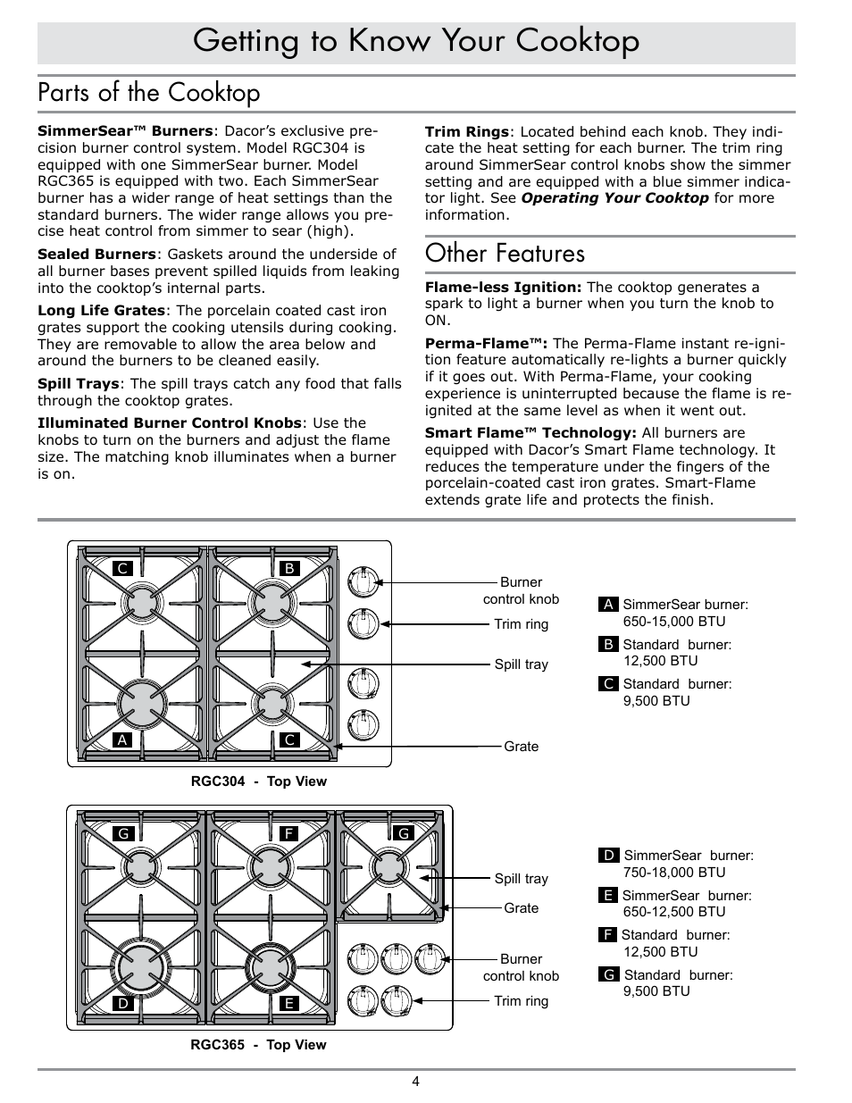 Getting to know your cooktop, Parts of the cooktop, Other features | Dacor PREFERENCE RGC304 User Manual | Page 6 / 16