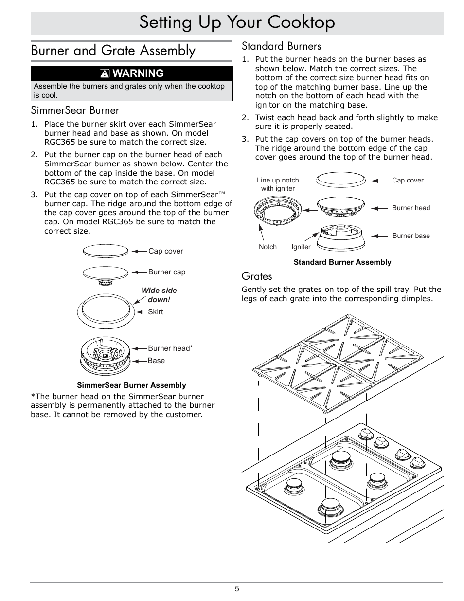 Setting up your cooktop, Burner and grate assembly, Standard burners | Grates, Warning, Simmersear burner | Dacor PREFERENCE RGC304 User Manual | Page 7 / 16