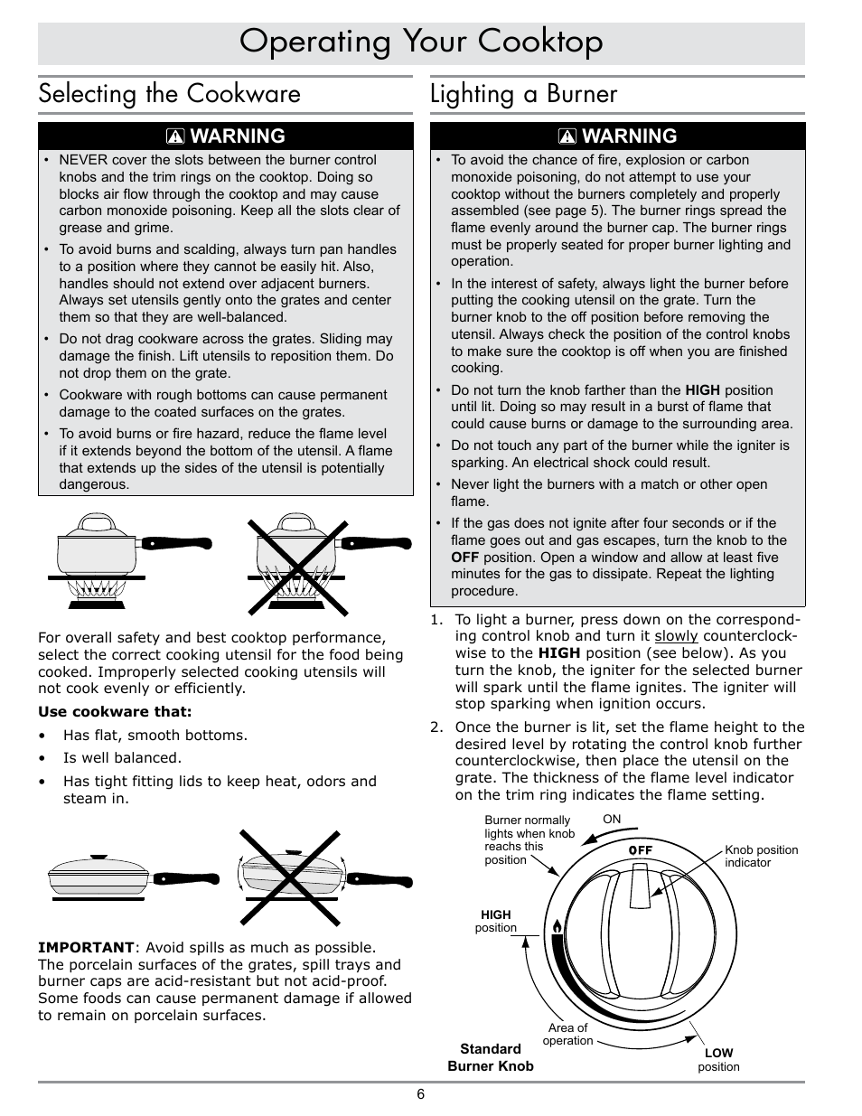 Operating your cooktop, Lighting a burner, Selecting the cookware | Warning | Dacor PREFERENCE RGC304 User Manual | Page 8 / 16