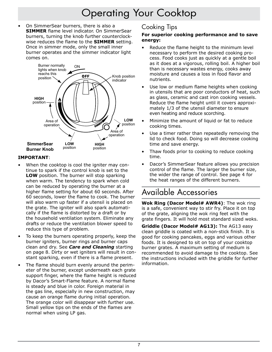 Operating your cooktop, Available accessories, Cooking tips | Dacor PREFERENCE RGC304 User Manual | Page 9 / 16