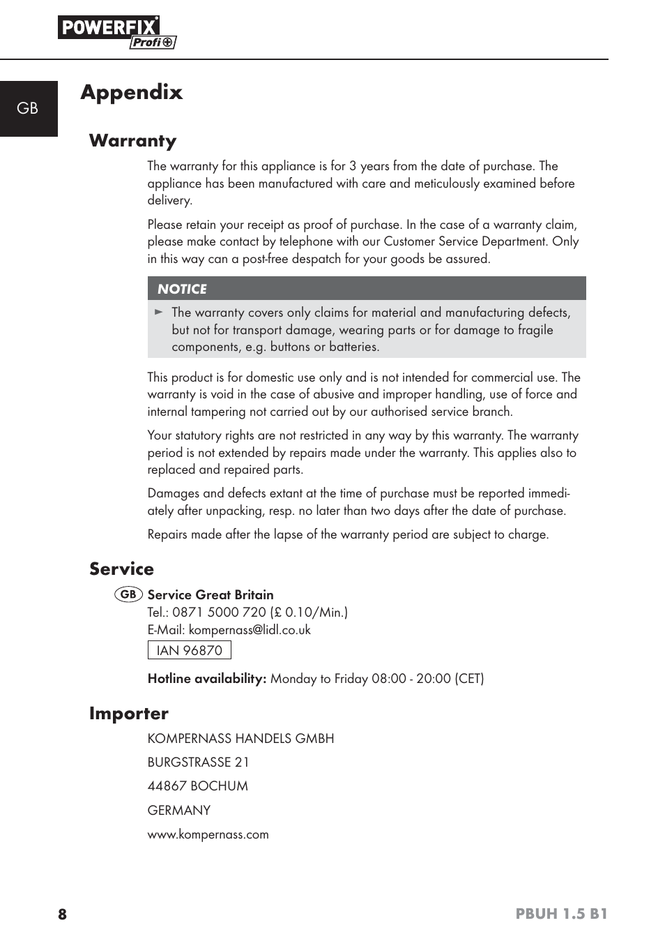 Appendix, Warranty, Service | Importer | Powerfix PBUH 1.5 B1 User Manual | Page 11 / 52