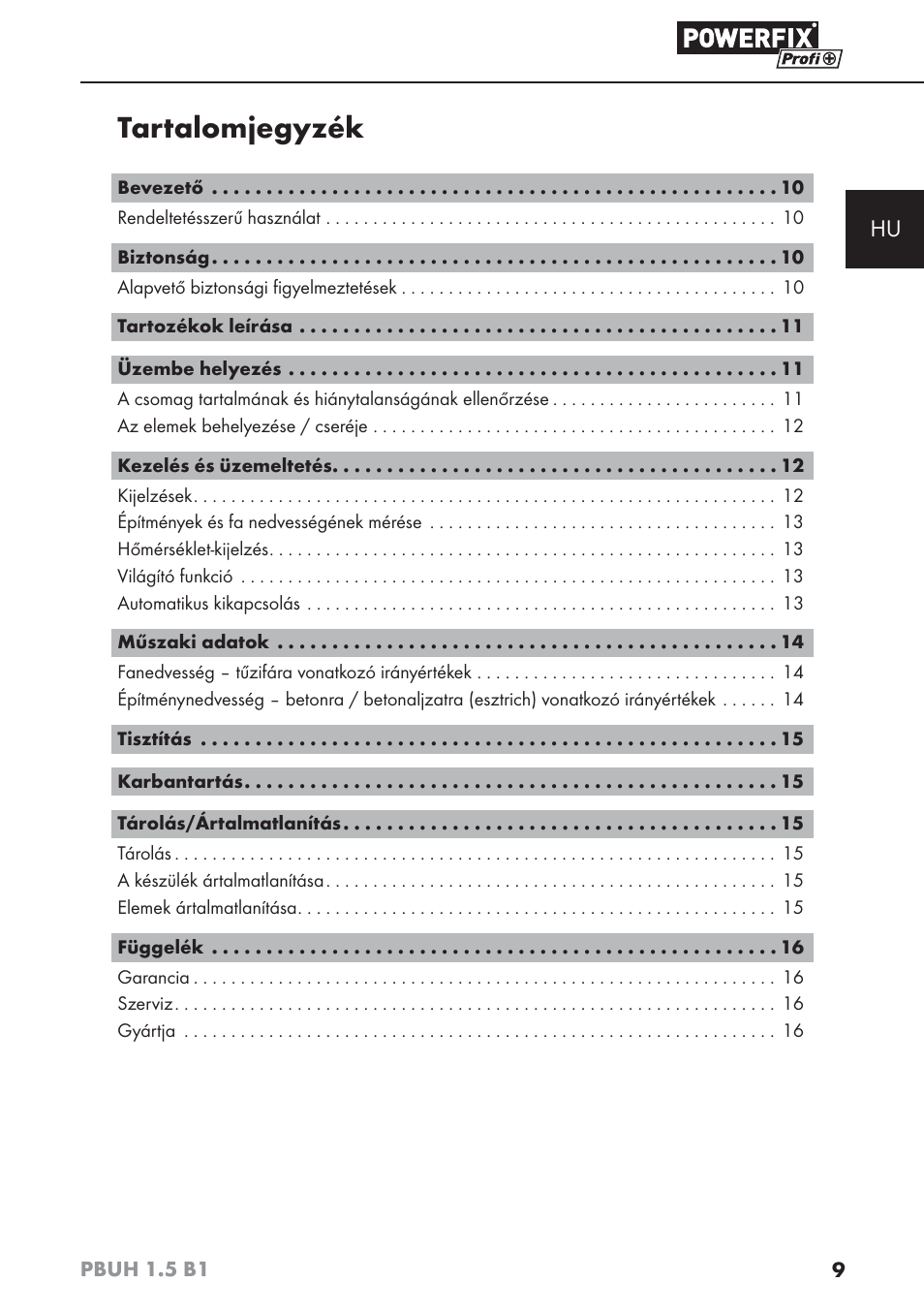 Tartalomjegyzék | Powerfix PBUH 1.5 B1 User Manual | Page 12 / 52