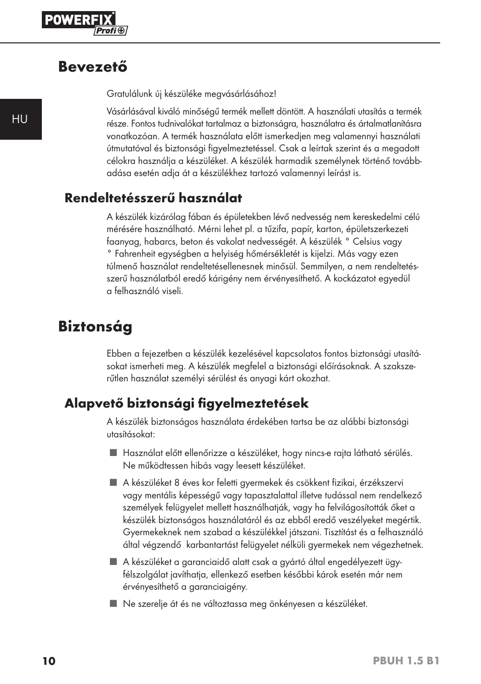 Bevezető, Biztonság, Rendeltetésszerű használat | Alapvető biztonsági ﬁ gyelmeztetések | Powerfix PBUH 1.5 B1 User Manual | Page 13 / 52