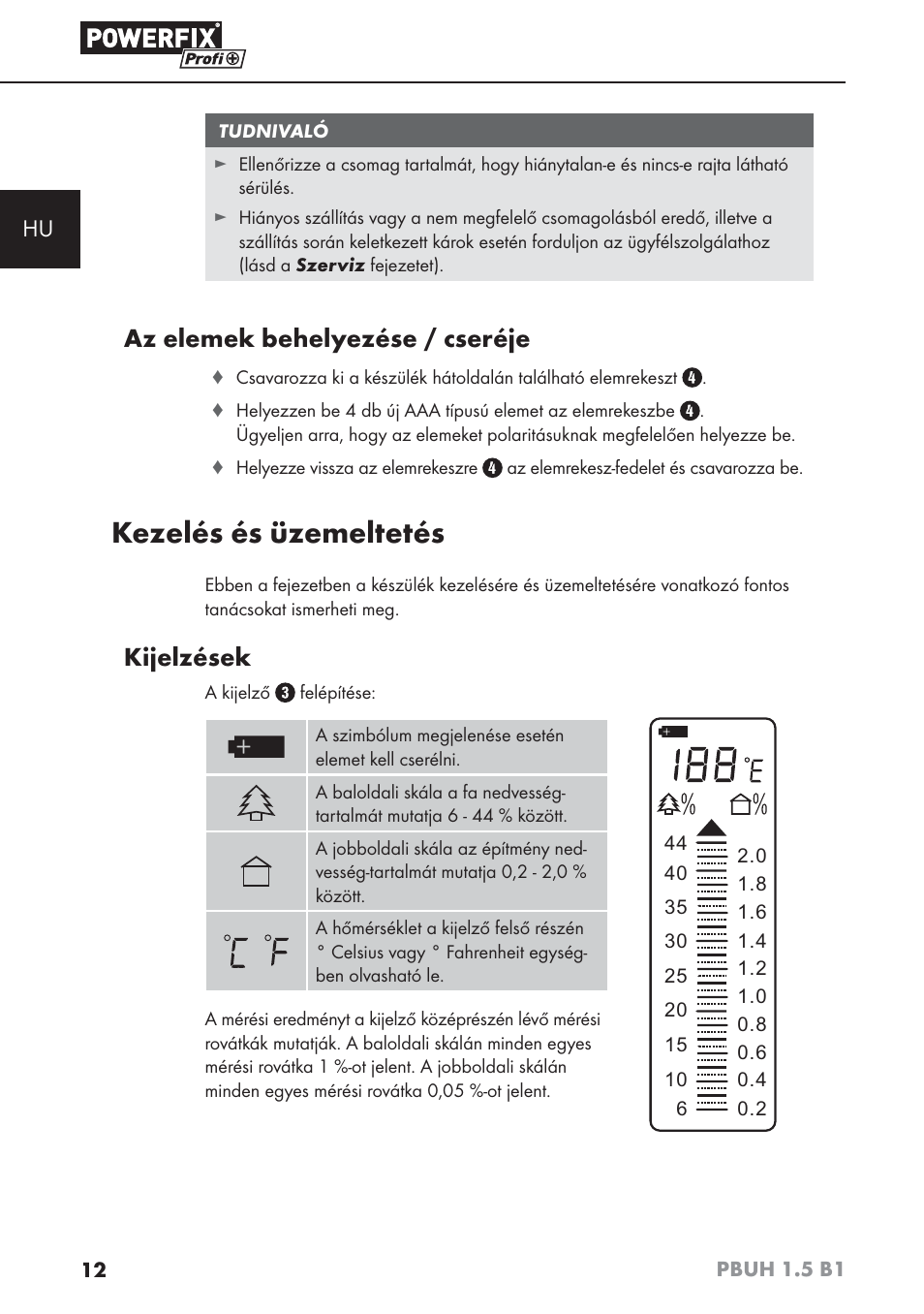 Kezelés és üzemeltetés, Az elemek behelyezése / cseréje, Kijelzések | Powerfix PBUH 1.5 B1 User Manual | Page 15 / 52