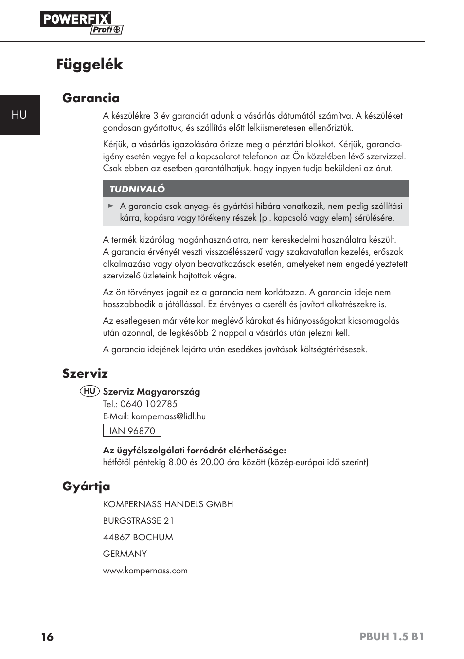 Függelék, Garancia, Szerviz | Gyártja | Powerfix PBUH 1.5 B1 User Manual | Page 19 / 52