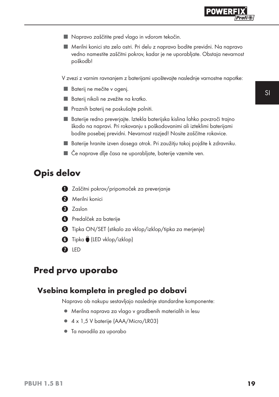 Opis delov, Pred prvo uporabo, Vsebina kompleta in pregled po dobavi | Powerfix PBUH 1.5 B1 User Manual | Page 22 / 52