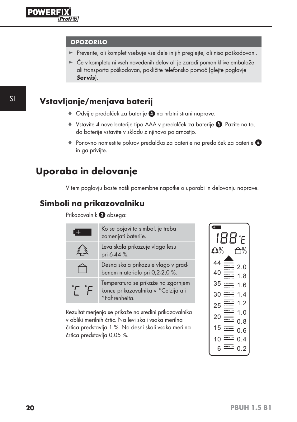 Uporaba in delovanje, Vstavljanje/menjava baterij, Simboli na prikazovalniku | Powerfix PBUH 1.5 B1 User Manual | Page 23 / 52