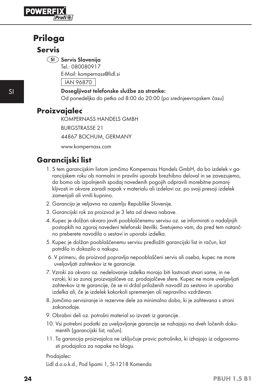 Priloga, Servis, Proizvajalec | Garancijski list | Powerfix PBUH 1.5 B1 User Manual | Page 27 / 52